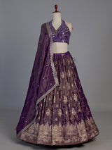 Royal purple silk embellished halter neck lehenga choli with dupatta