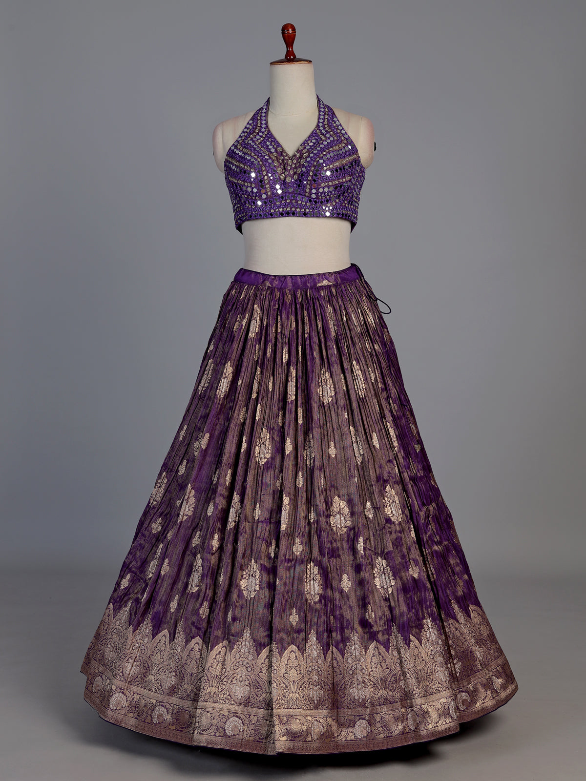 Royal purple silk embellished halter neck lehenga choli with dupatta