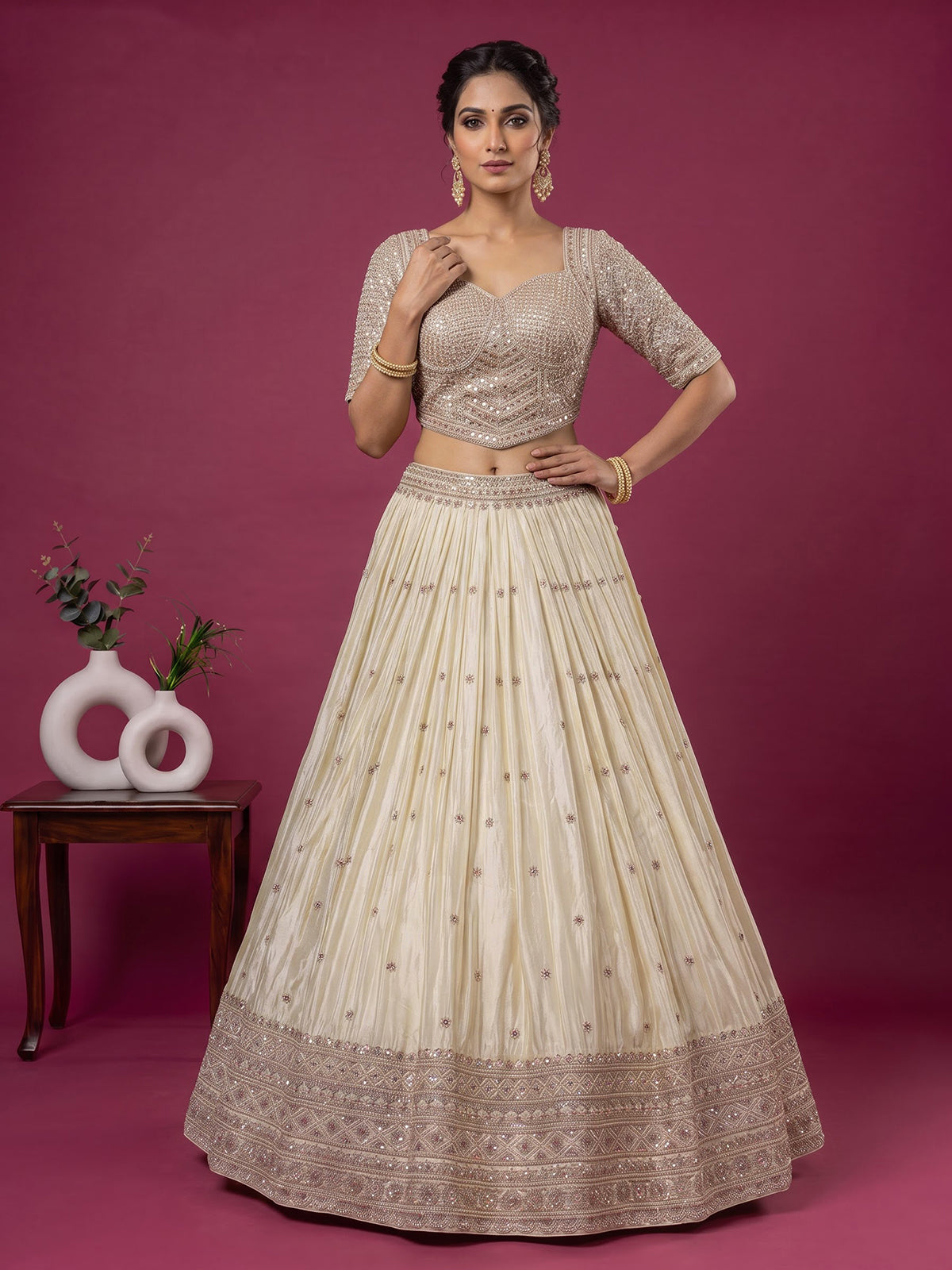 Cream silk designer embellished lehenga choli with tassel dupatta