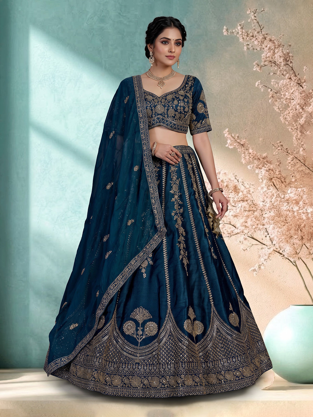 Peacock blue raw silk festive lehenga choli