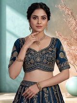 Peacock blue raw silk festive lehenga choli