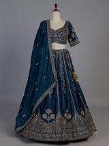 Peacock blue raw silk festive lehenga choli