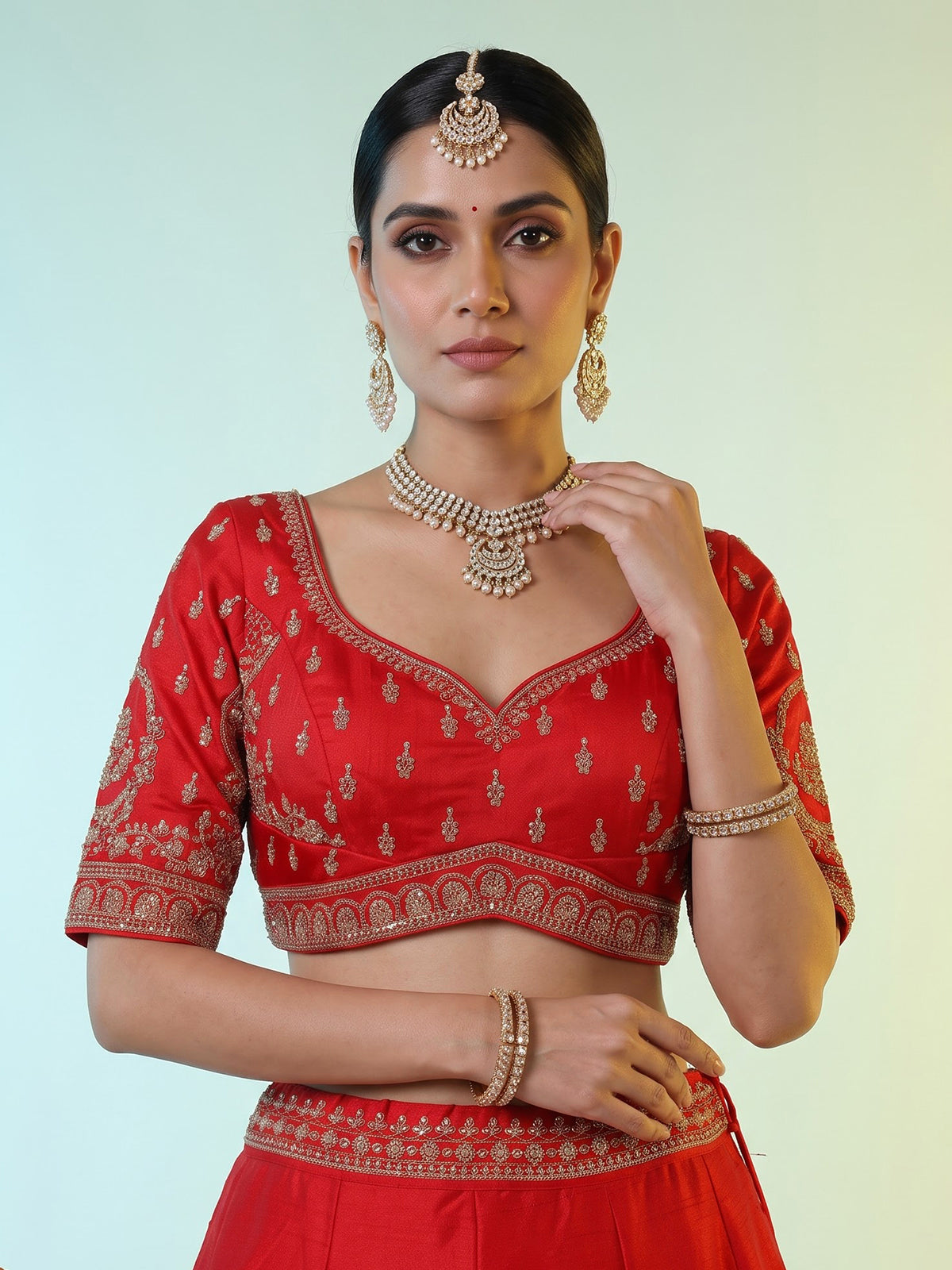 Red raw silk elephant and motif bridal lehenga choli