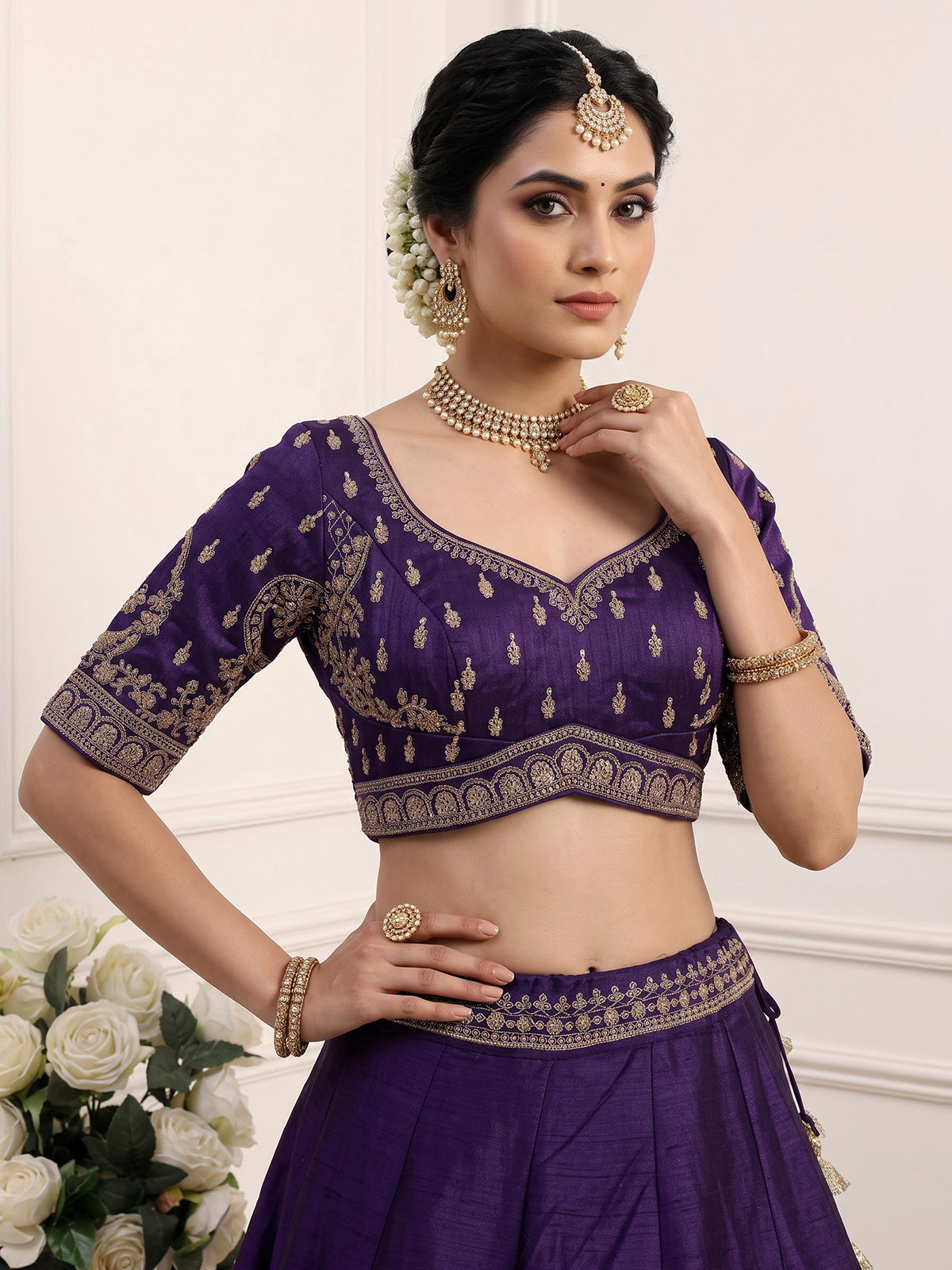 Royal purple raw silk elephant and peacock motif lehenga choli