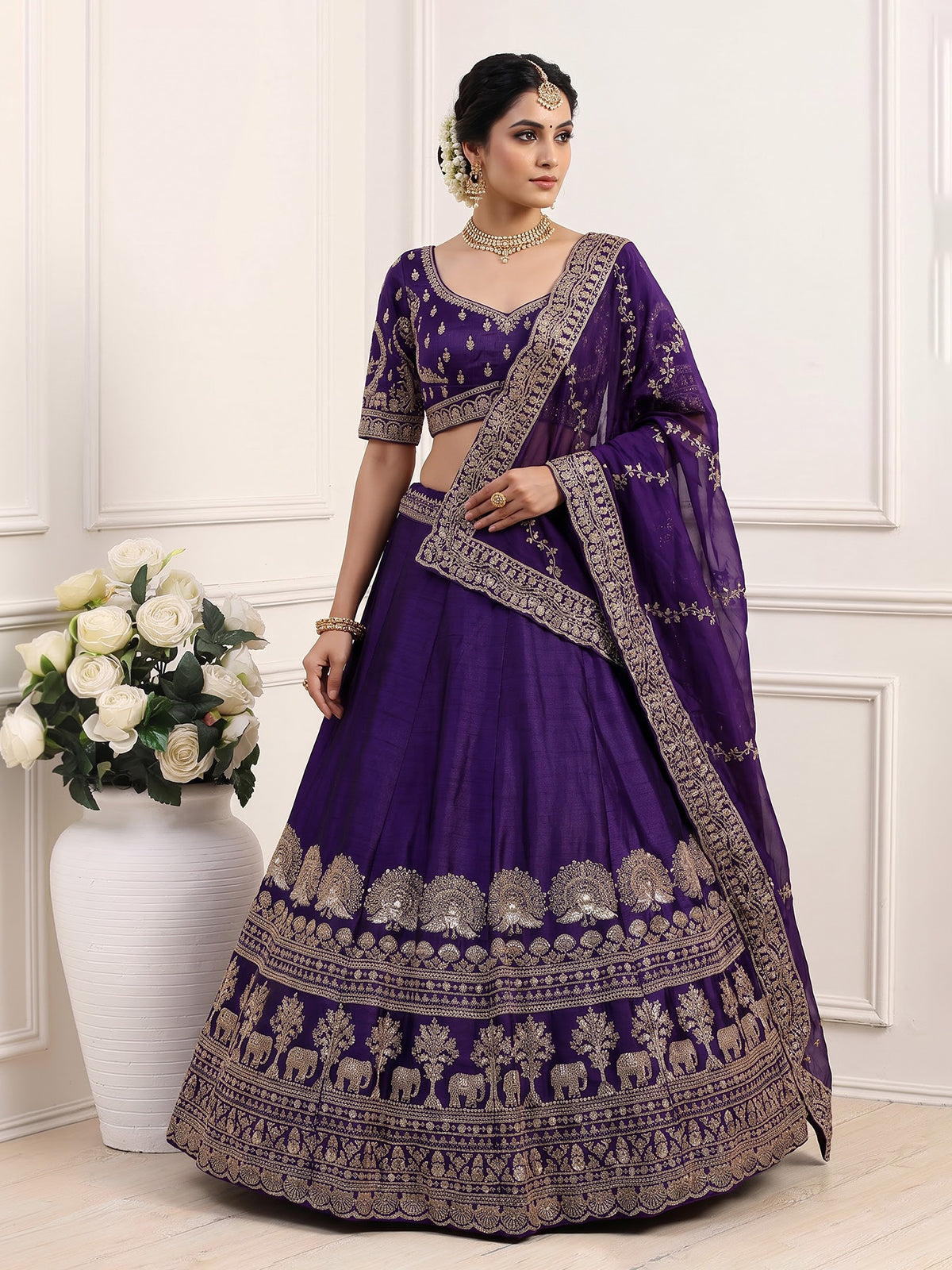 Royal purple raw silk elephant and peacock motif lehenga choli