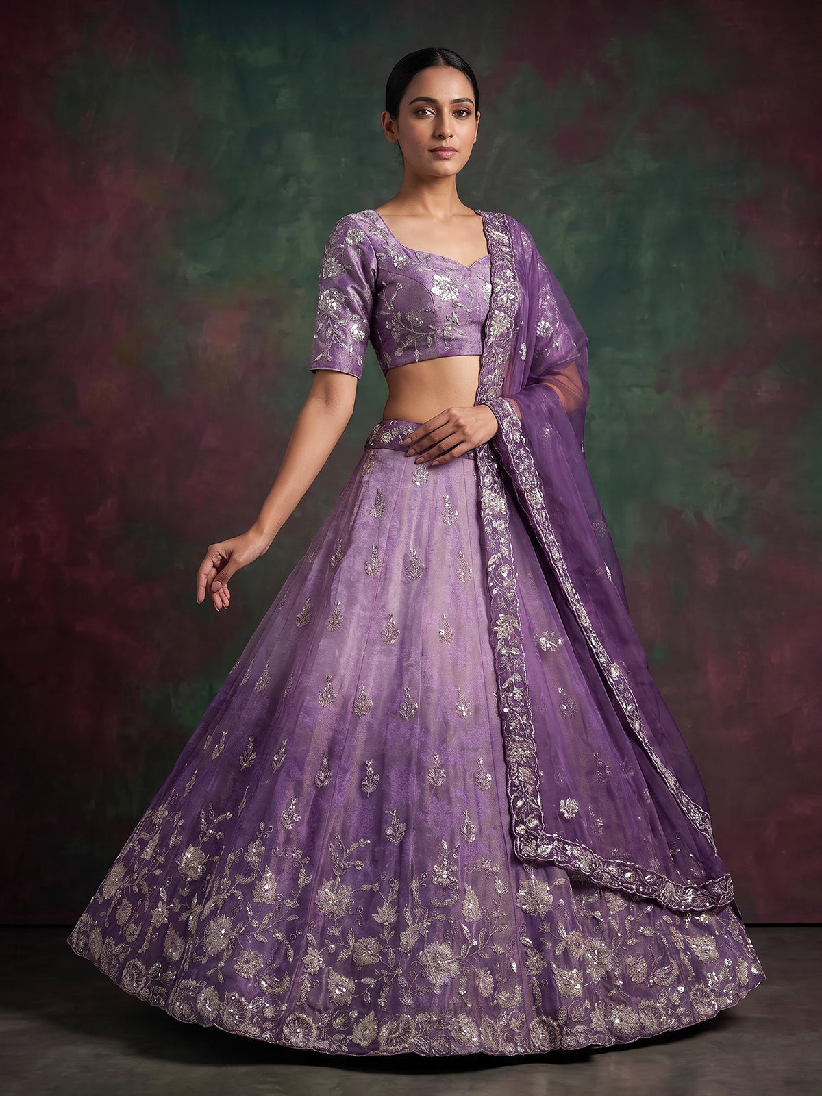 Lavender purple shaded silk unstitched designer lehenga choli with dupatta
