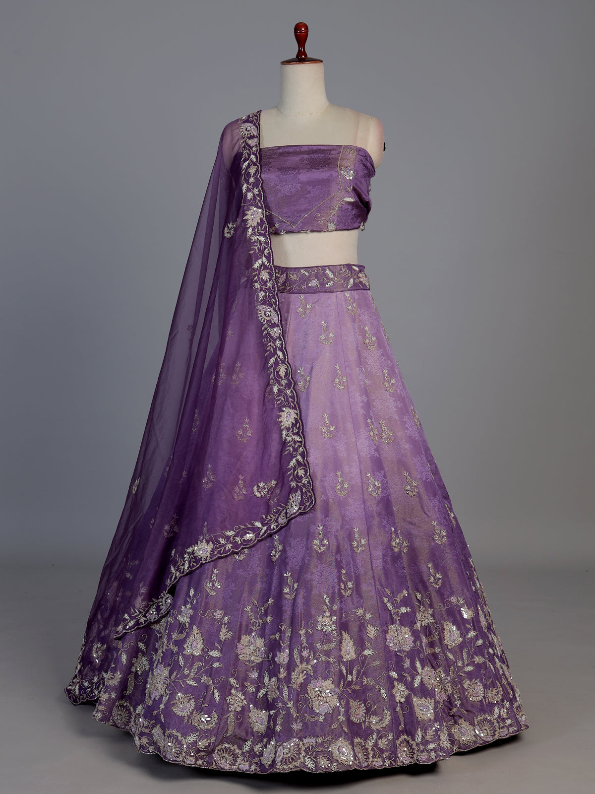 Lavender purple shaded silk unstitched designer lehenga choli with dupatta