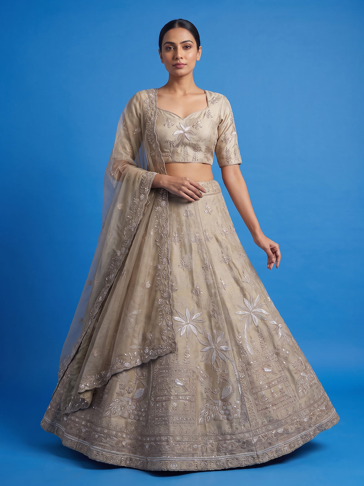 Beige silk peacock motif unstitched festive lehenga choli