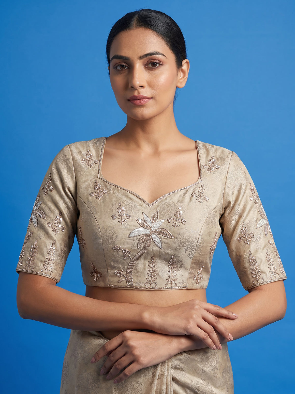 Beige silk peacock motif unstitched festive lehenga choli