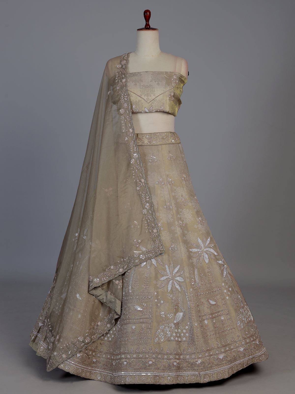 Beige silk peacock motif unstitched festive lehenga choli