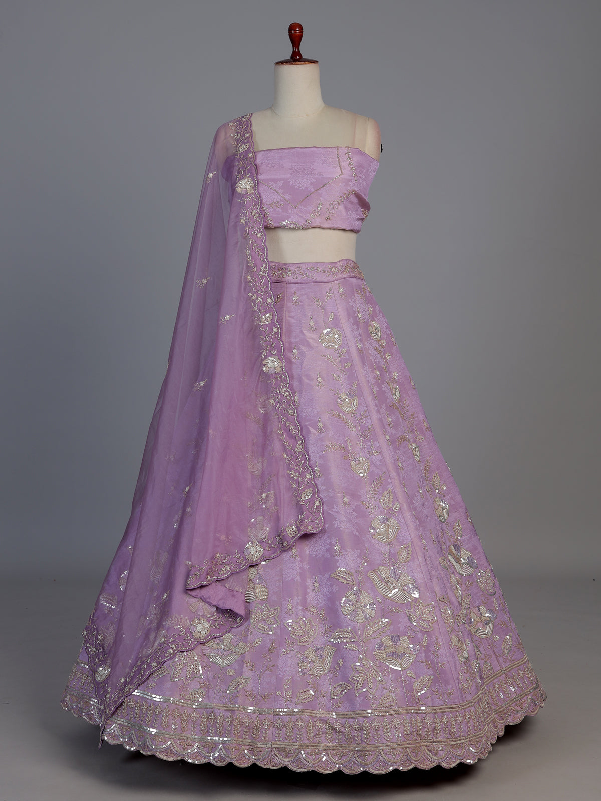 Lavender purple silk unstitched embellished lehenga choli with dupatta
