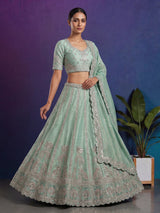 Sea green silk peacock motif unstitched lehenga choli with dupatta