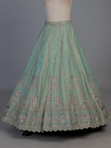 Sea green silk peacock motif unstitched lehenga choli with dupatta
