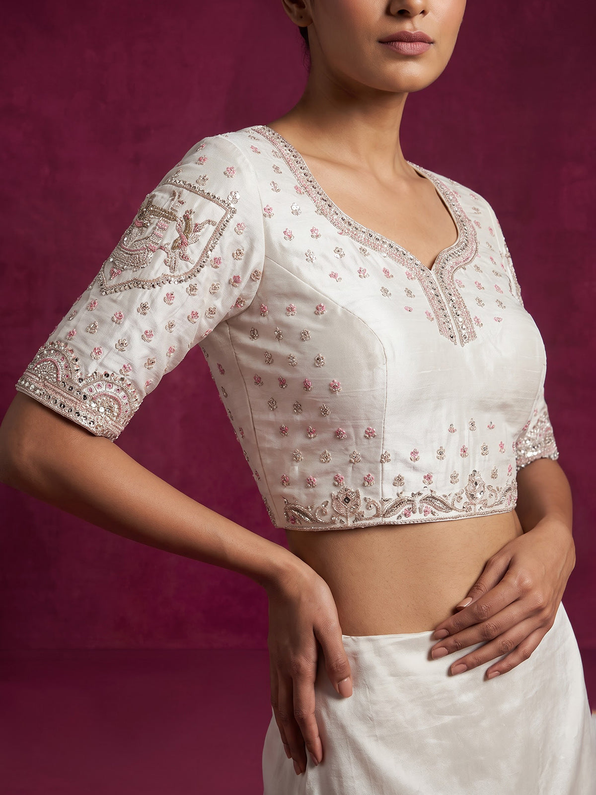 Cream raw silk doli motif unstitched bridal lehenga choli