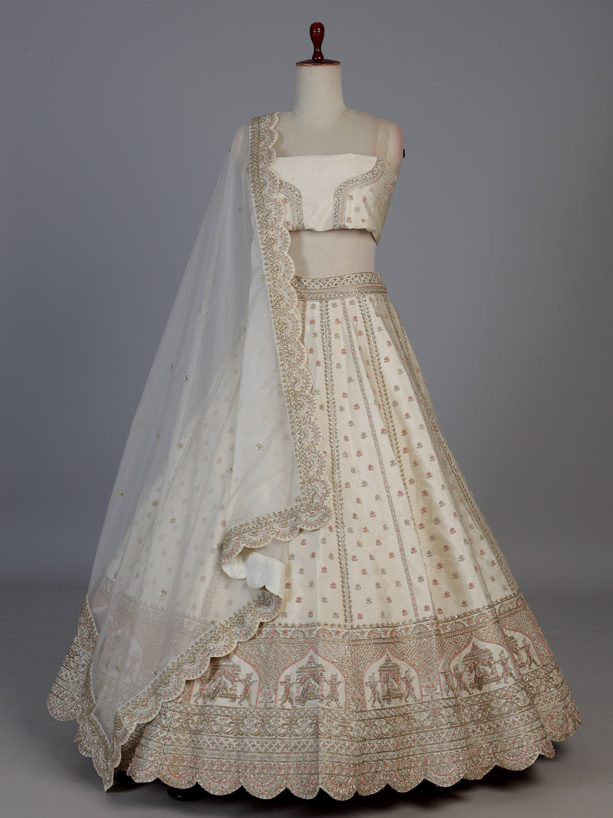 Cream raw silk doli motif unstitched bridal lehenga choli
