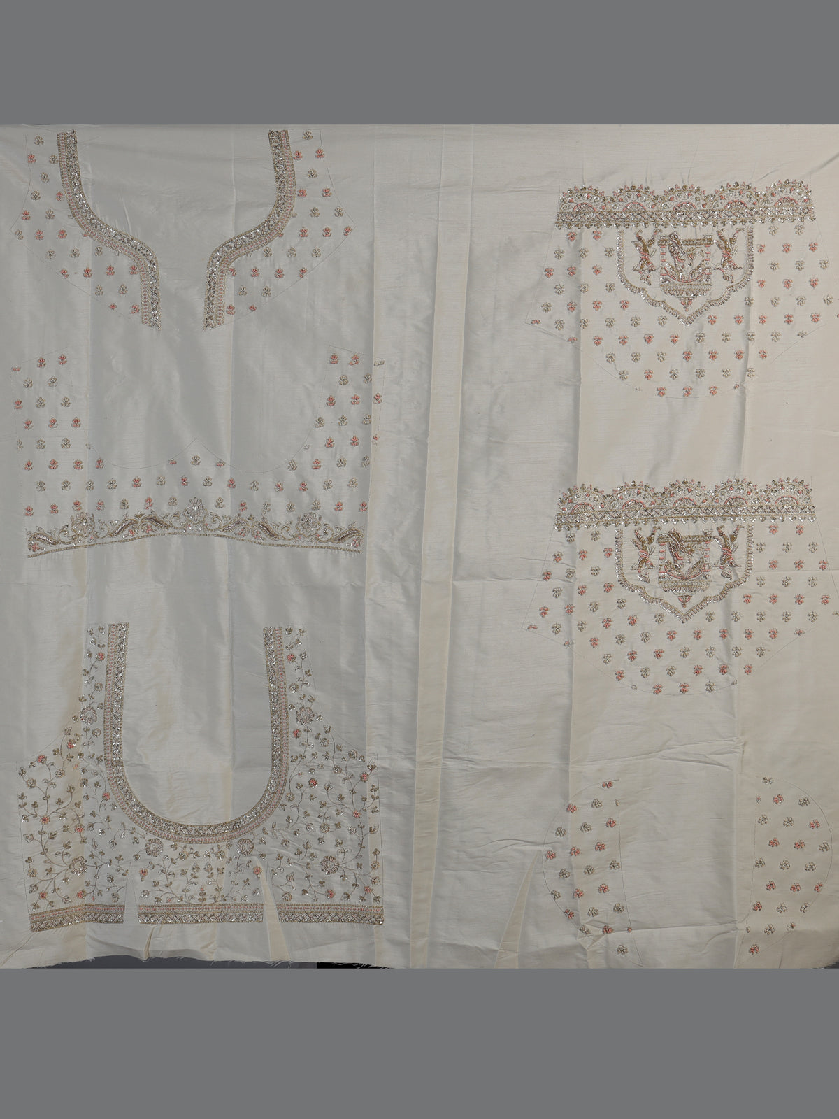 Cream raw silk doli motif unstitched bridal lehenga choli