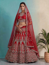 Designer red raw silk unstitched bridal lehenga choli with double dupatta