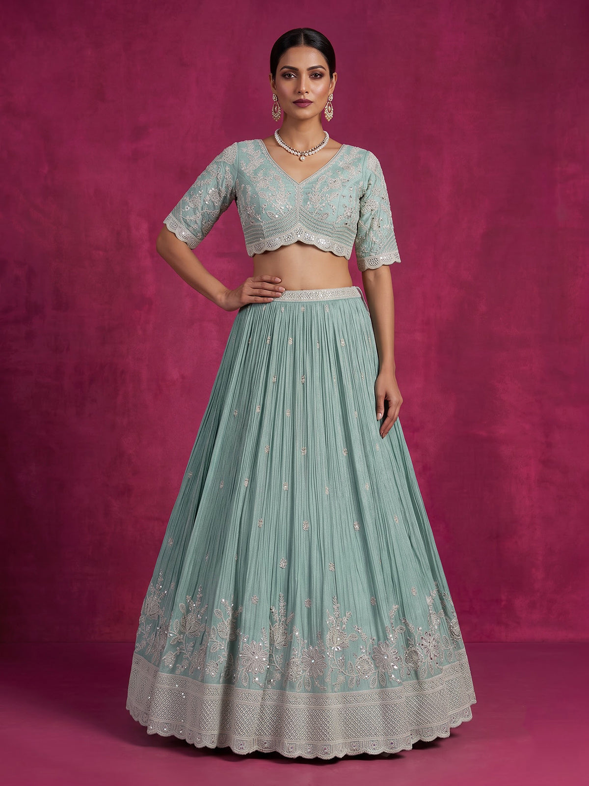 Sky blue silk embellished designer lehenga choli with dupatta