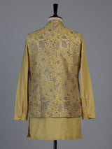 Mustard yellow printed festive waistcoat set with pant for men