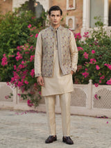 Beige printed festive waistcoat set with pant for men