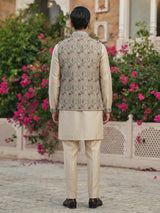 Beige printed festive waistcoat set with pant for men