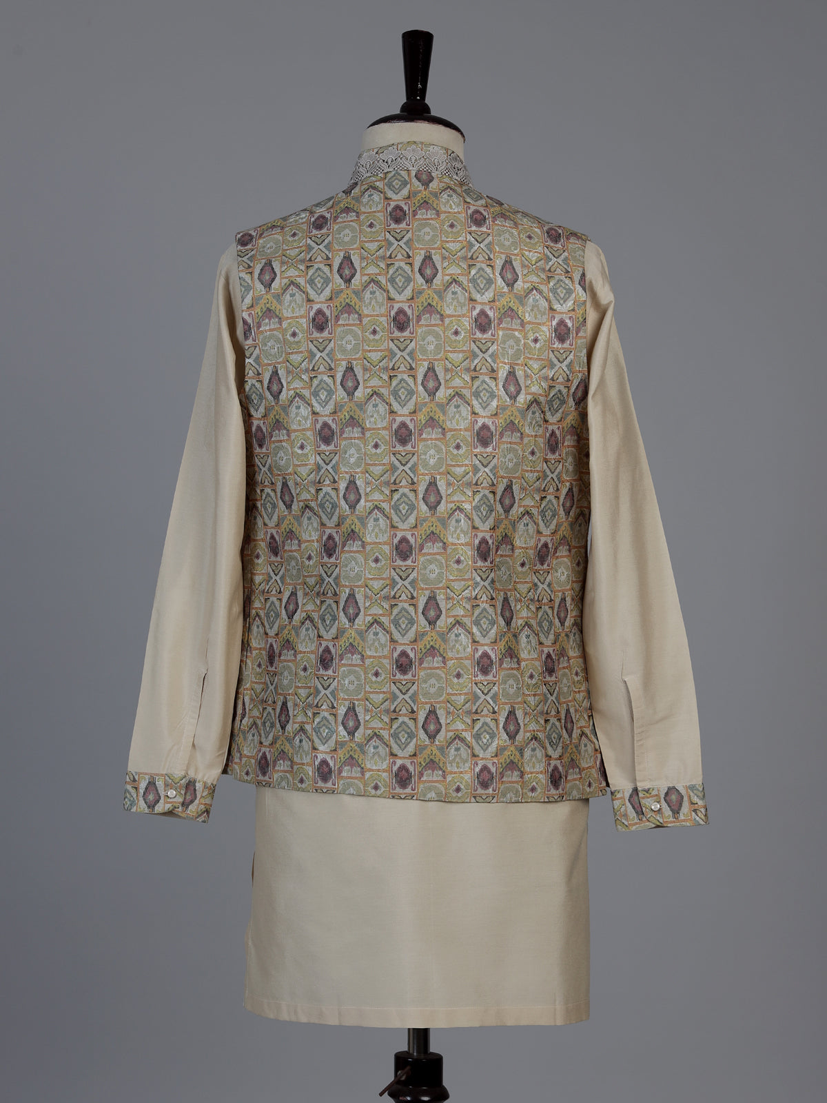 Beige printed festive waistcoat set with pant for men