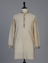 Beige printed festive waistcoat set with pant for men