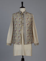 Beige printed festive waistcoat set with pant for men