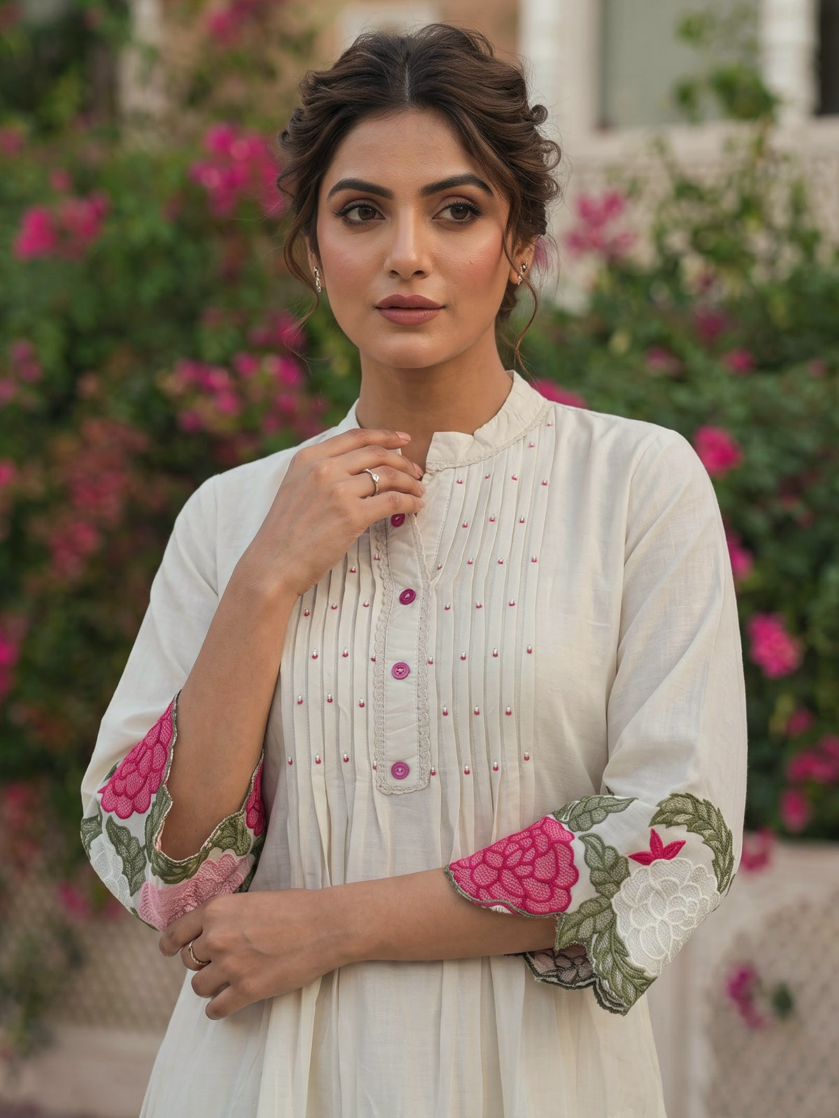 Elegant off white embroidered cotton linen festive co ord set