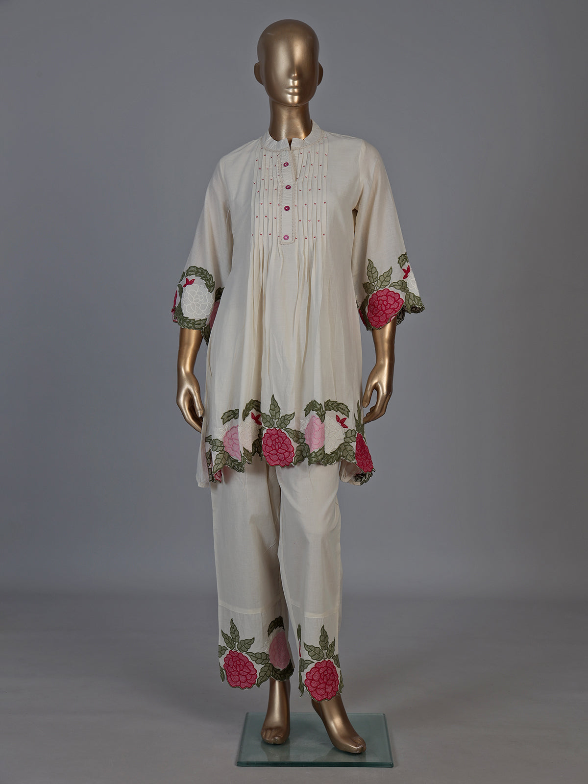 Elegant off white embroidered cotton linen festive co ord set