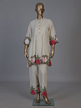 Elegant off white embroidered cotton linen festive co ord set