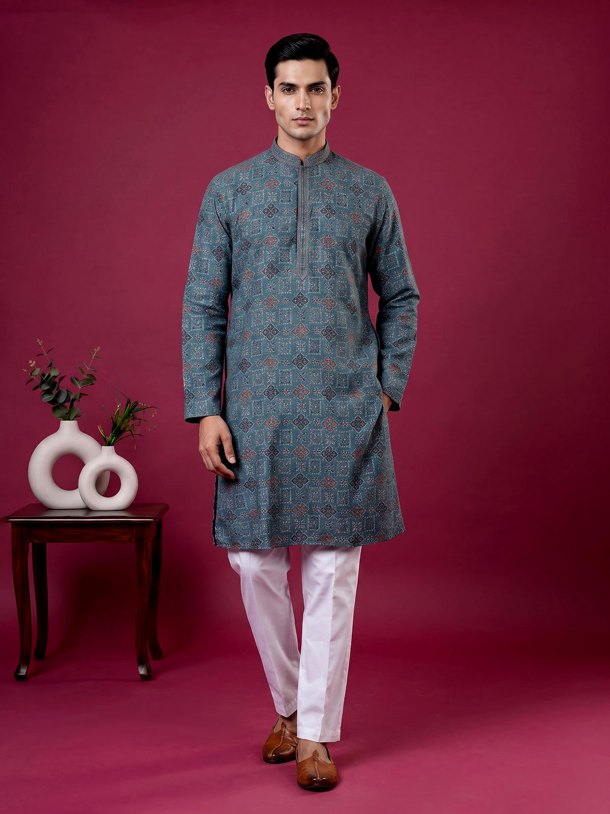 Peacock blue printed cotton blend festive kurta set for men