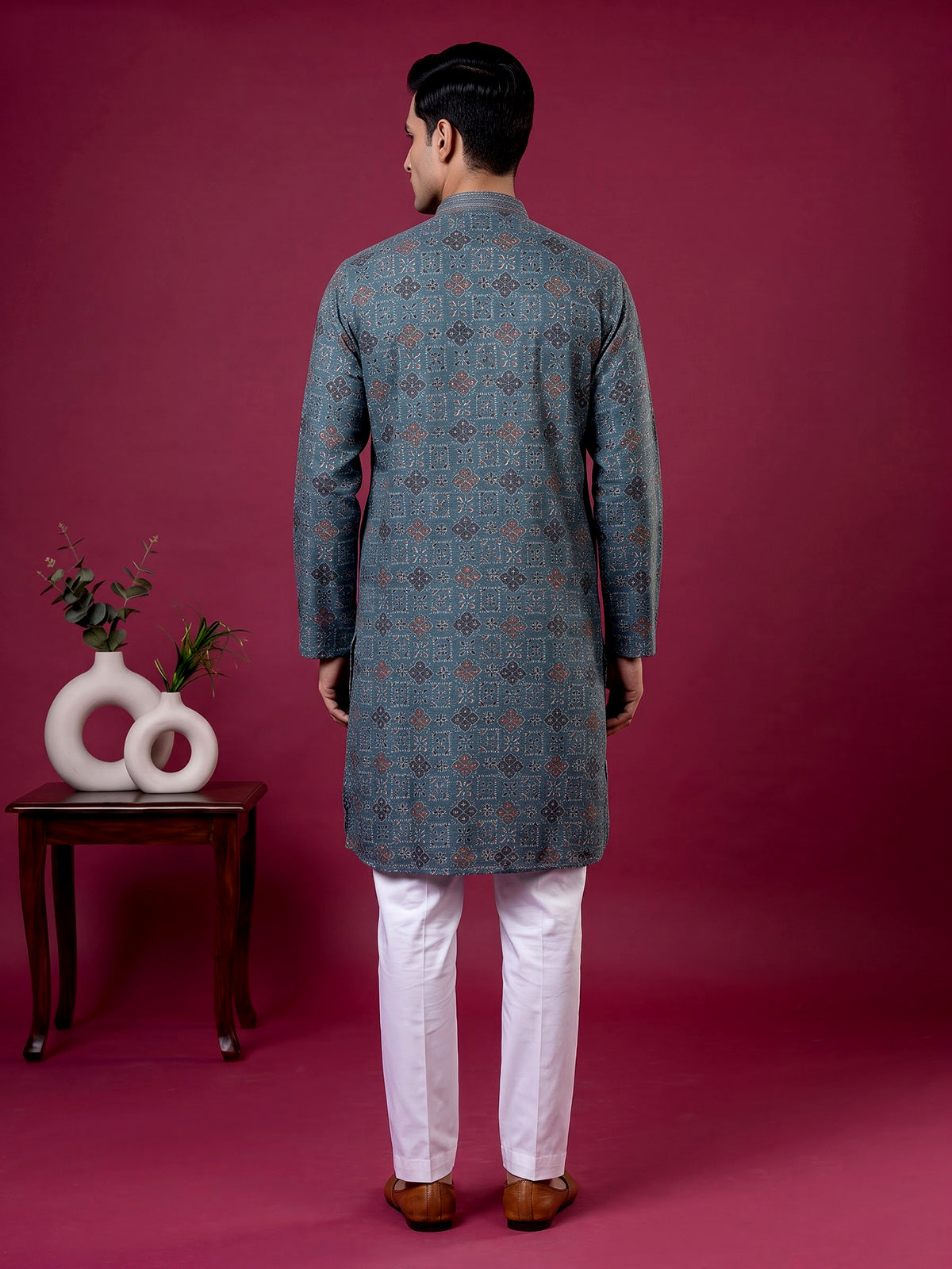 Peacock blue printed cotton blend festive kurta set for men
