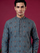 Peacock blue printed cotton blend festive kurta set for men