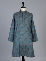 Peacock blue printed cotton blend festive kurta set for men