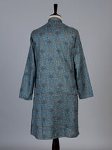 Peacock blue printed cotton blend festive kurta set for men