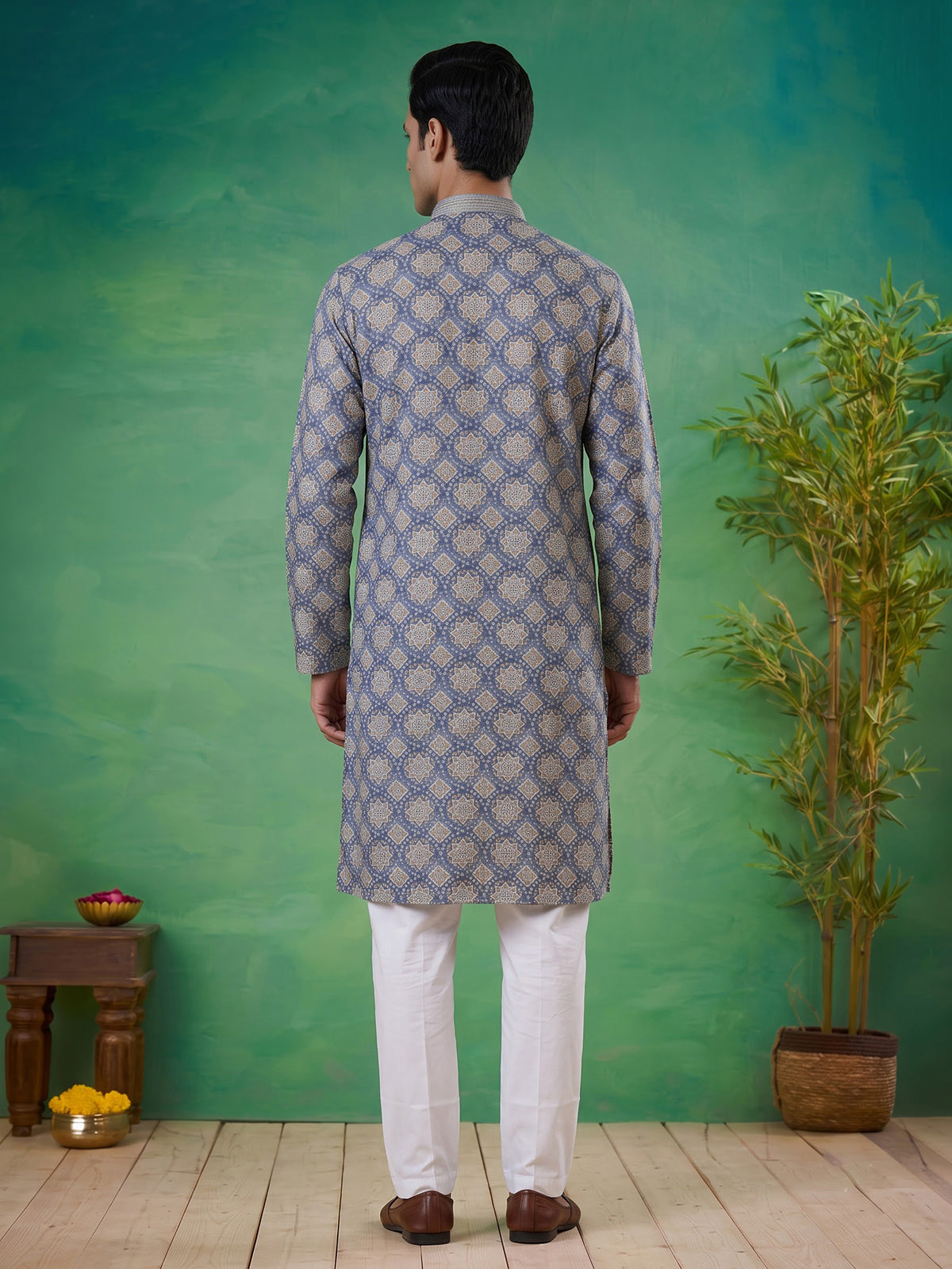 Blue printed cotton blend festive kurta set for men