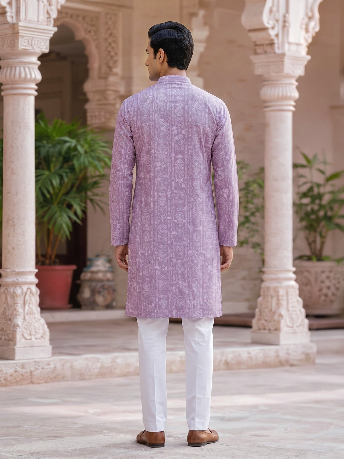 Pink printed silk festive mandarin kurta set for men