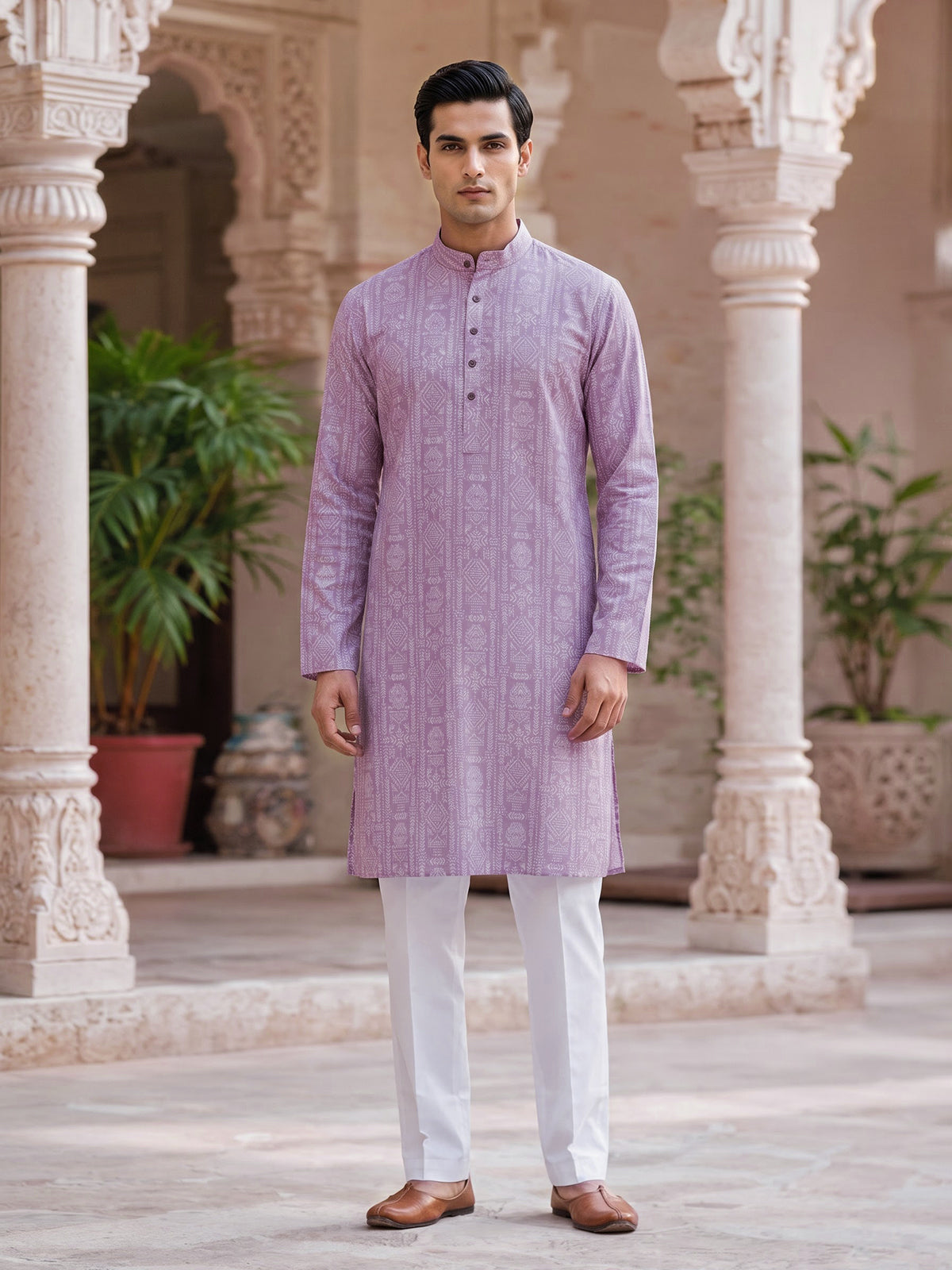 Pink printed silk festive mandarin kurta set for men
