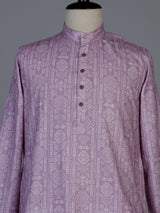 Pink printed silk festive mandarin kurta set for men