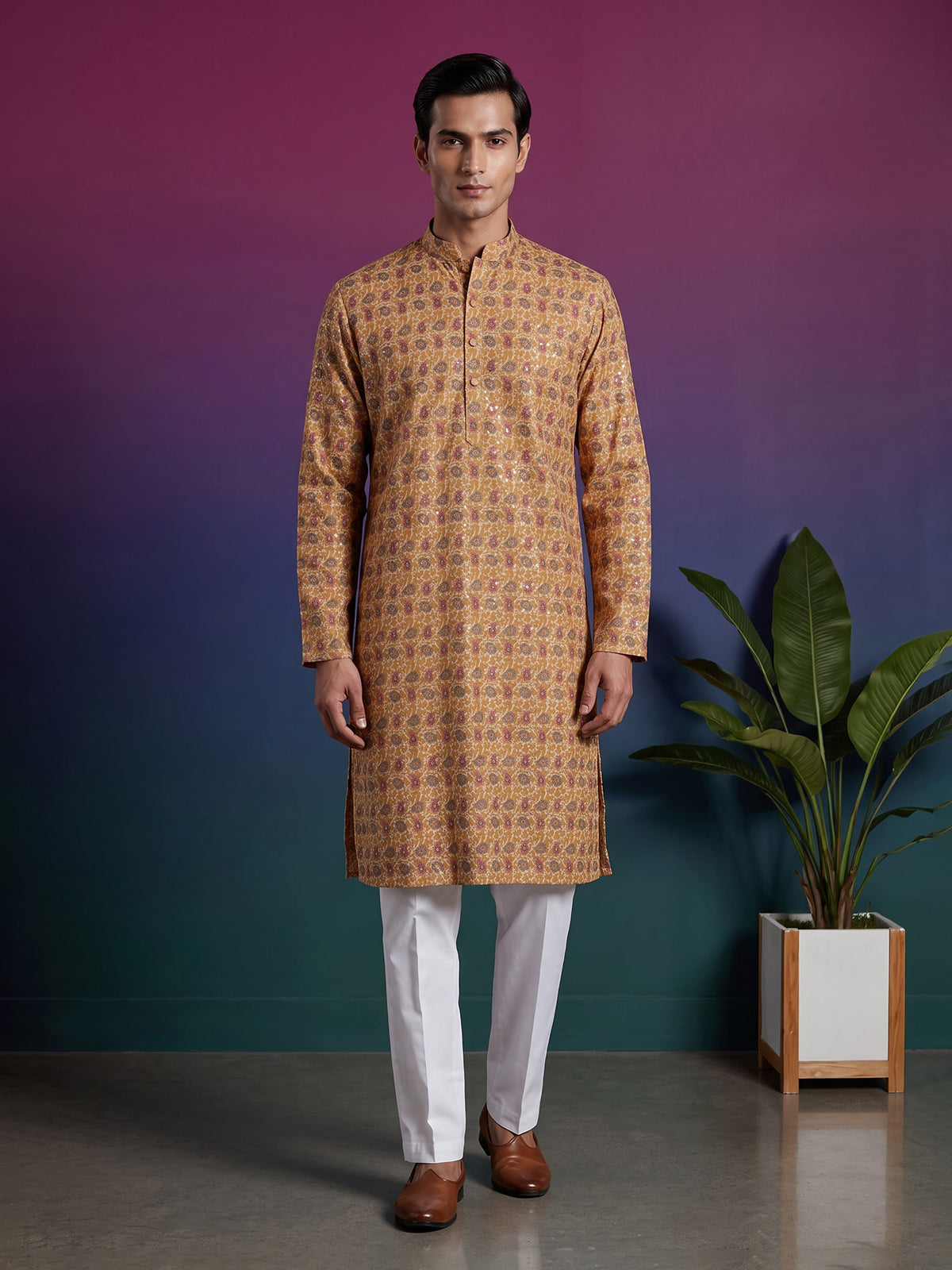 Dusty yellow floral cotton silk festive kurta set for men