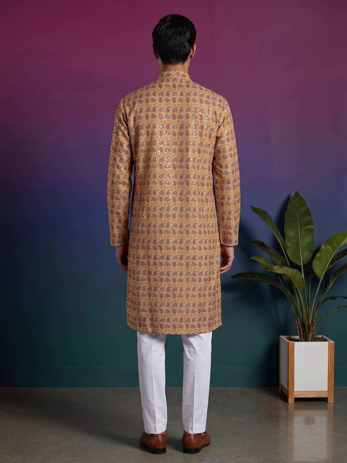 Dusty yellow floral cotton silk festive kurta set for men