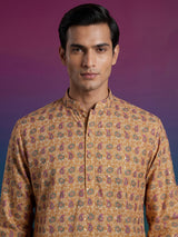Dusty yellow floral cotton silk festive kurta set for men