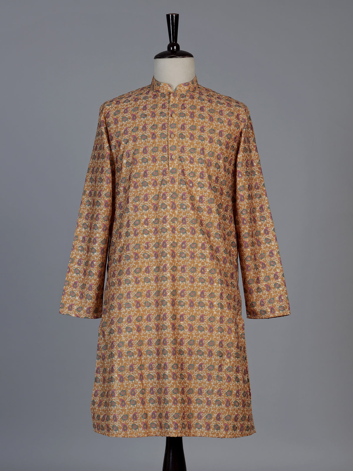 Dusty yellow floral cotton silk festive kurta set for men