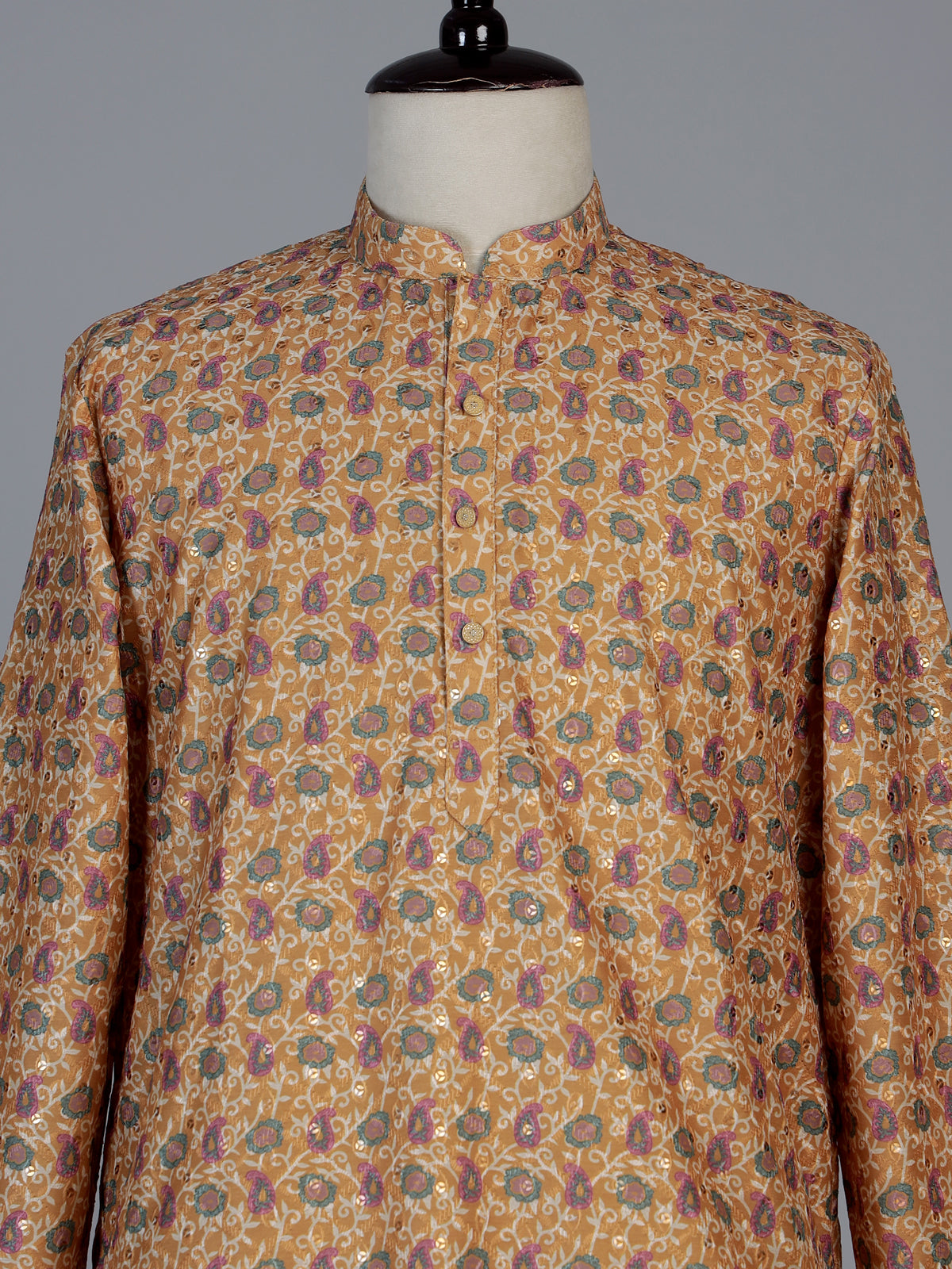 Dusty yellow floral cotton silk festive kurta set for men