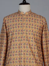 Dusty yellow floral cotton silk festive kurta set for men
