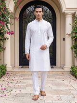 Elegant white cotton blend thread work kurta set for men