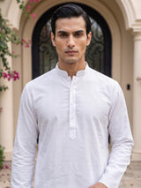 Elegant white cotton blend thread work kurta set for men