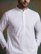 Classic white thread work cotton blend kurta set ensemble for men