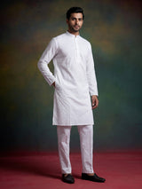 Classic white thread work cotton blend kurta set ensemble for men